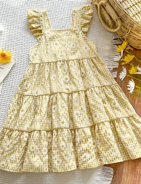 Vestido casual de verano para niña con estampado de cuadros y margaritas - Shein - FashionsVida