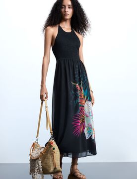 Vestido halter tropical, Mujer, Poliester, Negro, XS