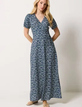 Women's Floral Print Wrap Dress in Mid Navy Size: 12 - Mid Navy - Size: 12 - M&Co - FashionsVida