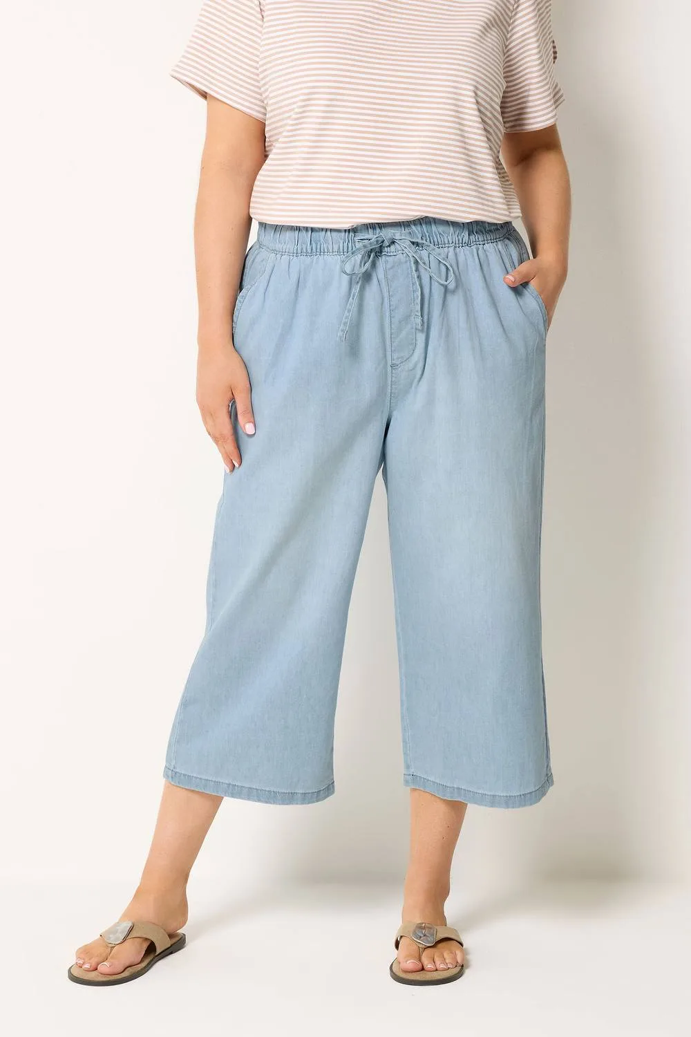 Cropped Wide Leg Jeans - Light Blue - Size: 28 - Yours - FashionsVida