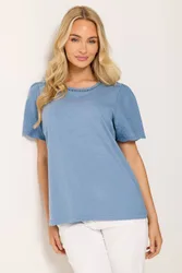 Embroidered Sleeve Cotton T-Shirt - Light Blue - Size: 20
