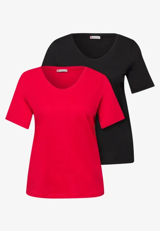 Basic T-Shirt mit Kurzarm im 2er-Pack female Multicolour Schwarz Rot - Street One - FashionsVida