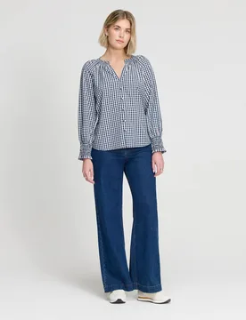 Pure Cotton Gingham V-Neck Blouse Navy Mix female - Finery London - FashionsVida