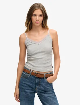 Superdry Damen Grau Geripptes Vintage Trägertop aus Bio-Baumwolle mit Spitzenbesatz, Größe: XS/S - 26.99 - FashionsVida