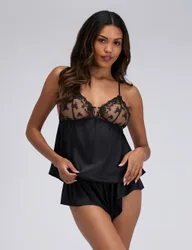Satin Lace Short Cami Set Black female