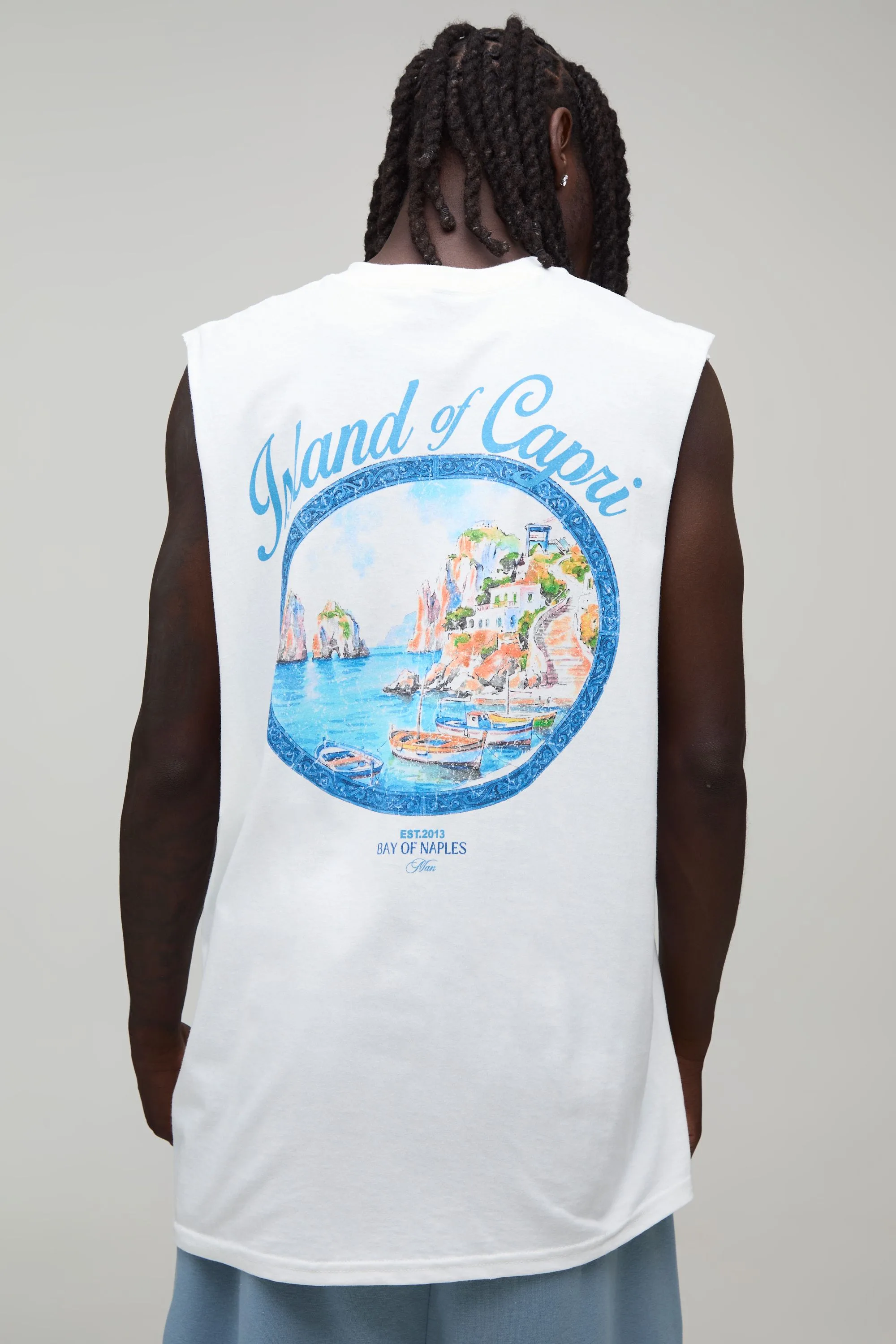 Mens Oversized Capri Oval Print Tank - White Cotton - Size Medium - boohooMAN - FashionsVida
