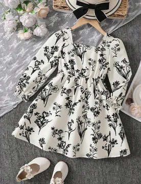 Vestido de niña de manga larga con estampado floral artístico y cinturón para primavera/otoño, de 4 a 8 años, atuendo casual cómodo y suave, ele - Shein - FashionsVida