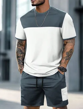 Conjunto casual de 2 piezas para hombre: camiseta de manga corta con cuello redondo en contraste de color y pantalones cortos con cintura de cordón, - Shein - FashionsVida