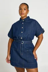 Womens Plus Denim Utility Belt Shift Dress - Indigo Blue - Size 24 Uk
