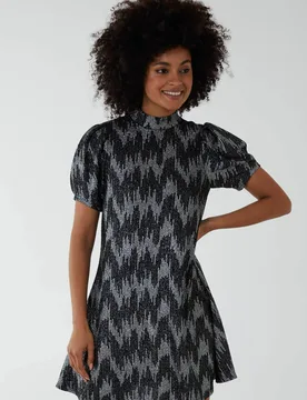 Women's Puff Sleeve Swing Dress in Silver Size: 10 - Silver - Size: 10 - Blue Vanilla - FashionsVida