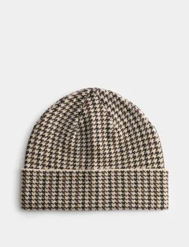 Houndstooth Knitted Beanie Hat Brown Mix male - M&S - FashionsVida