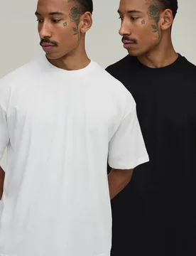 Men's 2 Pack Oversized Heavyweight Crew Neck T-Shirts Mono Size X-Small Mono XS - boohooMAN - FashionsVida