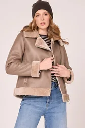 Womens Faux Shearling Cropped Aviator - Beige - Size 10 Uk