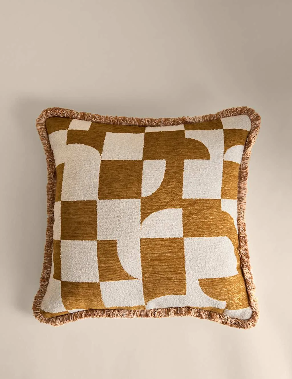 Chenille Geometric Jacquard Fringed Cushion Gold - M&S - FashionsVida