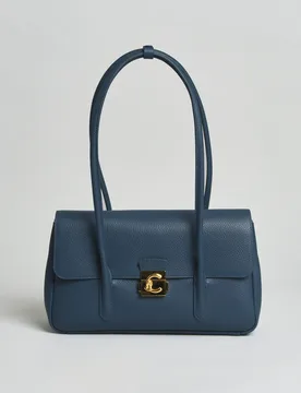 Borsa a mano C-Me Lock Large in pelle bottalata ottanio con chiusura tuc e logo - Coccinelle - FashionsVida