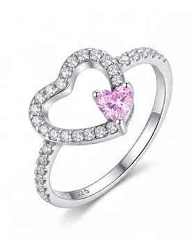 Pieza Anillo de corazón de plata de ley 925 con strass de moda, incrustado con diamantes, adecuado para uso diario y ocasiones de fiesta, regalo de j - Shein - FashionsVida