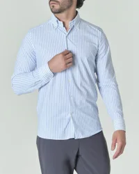 Camicia bianca a righe azzurre in tessuto tecnico hyper comfort con colletto button down