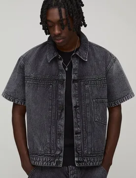 Herren Fischgrät-Denim Doppel-Zimmermann Hemd Washed Black Größe Large - boohooMAN - FashionsVida