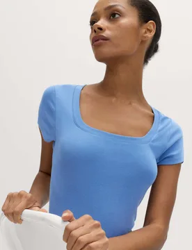 Cotton Rich Premium Square Neck Top Azure Blue female - M&S - FashionsVida