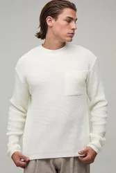 Herren Normal Geschnittenes Geripptes Strickoberteil Mit Tasche Ecru Größe XS
