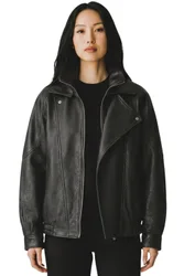 Women's Lamb Leather Big Bomber Biker Blouson Oversized Jacket - Krakow in Black Size: 22 - Black - Size: 22