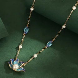 National Fashion Temperament Enamel Glaze Blue Lotus Pearl Necklace High-end Versatile Lotus Clavicle Chain Women's Accessories