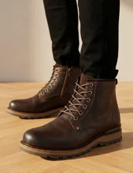 Leather Lace Up Side Zip Casual Boots Dark Brown male