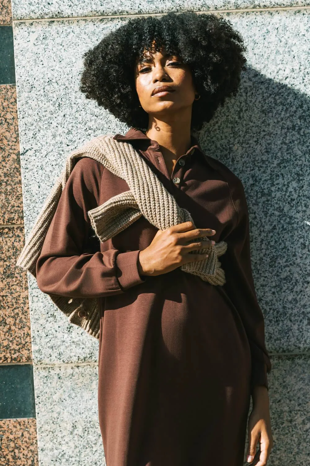 Buttoned Collar Midi Dress - Chocolate - Size: 12 - Roman - FashionsVida