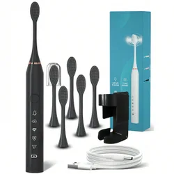 Pieza Cepillo de dientes eléctrico negro, 6 cabezales de cepillo reemplazables, 1 soporte de montaje en pared, 1 tapa antipolvo, 5 modos de limpieza,