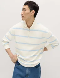 Cotton Rich Waffle Striped Half Zip Sweatshirt Ecru male