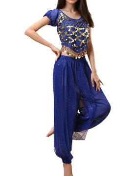 Conjunto de disfraz de danza del vientre, top corto con mangas abullonadas, lentejuelas y flecos de monedas + pantalones harem transparentes con lente - Shein - FashionsVida
