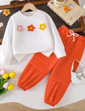 Conjunto de sudadera de cuello redondo cálida con bordado floral y pantalón largo tejido para niños pequeños - Shein - FashionsVida