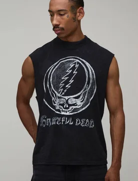 Herren Übergroßes Grateful Dead Acid-Wash-Lizenz-Print-Trägershirt Washed Black Größe Large - boohooMAN - FashionsVida