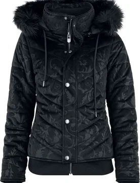 Winterjacke - gemusterte Samt Winterjacke mit Kunstfellkapuze - M bis XXL - für Damen - Größe XXL - schwarz - Frauen - female - Black Premium by EMP - FashionsVida