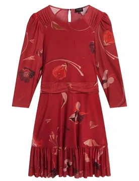 Womens Gathered Shoulder Mesh Mini Red Skater Dress - Burgundy - Size 10 Uk - Ted baker - FashionsVida