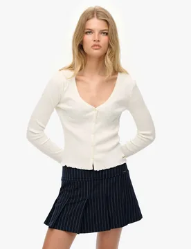 Pure Cotton Ribbed V-Neck Slim Fit Cardigan White female - Superdry & Co - FashionsVida