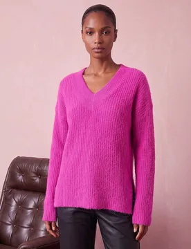 V-Neck Fluffy Knit Jumper Magenta female - Roman - FashionsVida