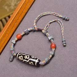 Natural Agate Fortune God Bead Bracelet with Matching Beads Tibetan Silver Vintage Collectible Adjustable Hand-Woven Design