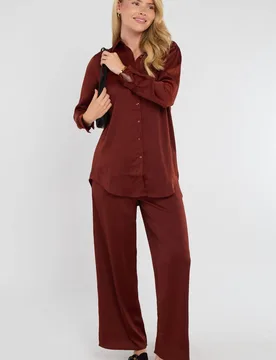 Rust Satin Co-ord Shirt & Trousers Set - Dark Red - Size: 16 - LOVE SUNSHINE - FashionsVida