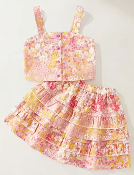 Conjunto de 2 piezas para niñas jóvenes, elegante y exquisito, casual de vacaciones, top camisola sin mangas con estampado floral pequeño rosa, aju - Shein - FashionsVida