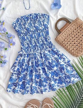Vestido acampanado con volantes en el bajo, estampado floral azul sin tirantes ajustado para niñas preadolescentes, adecuado para vacaciones, playa,