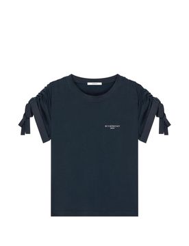 Cotton Crewneck T-Shirt with Contrasting Chest Embroidery & Poplin Bow Sleeves
