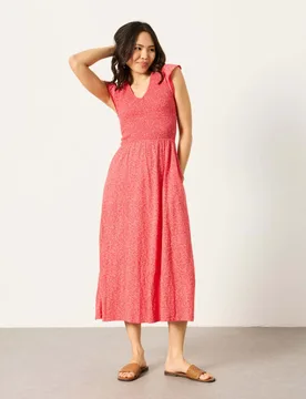 Pure Cotton Jersey Floral Midi Waisted Dress Red Mix female - Fatface - FashionsVida