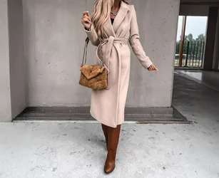 Spring and Autumn Woolen Coat Simple and Fashionable V-neck Strap Long Coat for Women