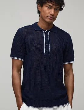 Herren Normal Geschnittenes Gestricktes Poloshirt Mit Kontrastmuster Und Offener Strickart Navy Größe 5XL - boohooMAN - FashionsVida