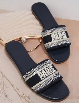 Chanclas planas estilo abierto con bordado de PARÍS y aplicaciones de rhinestone para mujer - Zapatos de lujo, elegantes y cómodos, esenciales para - Shein - FashionsVida