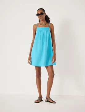 Pure Cotton Square Neck Mini Beach Dress Bright Blue female - hush - FashionsVida