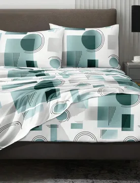 Juego de ropa de cama de 4 piezas con patrón geométrico blanco y azul, juego de ropa de cama suave y fácil de cuidar, juego de sábanas ajustadas ( - Shein - FashionsVida