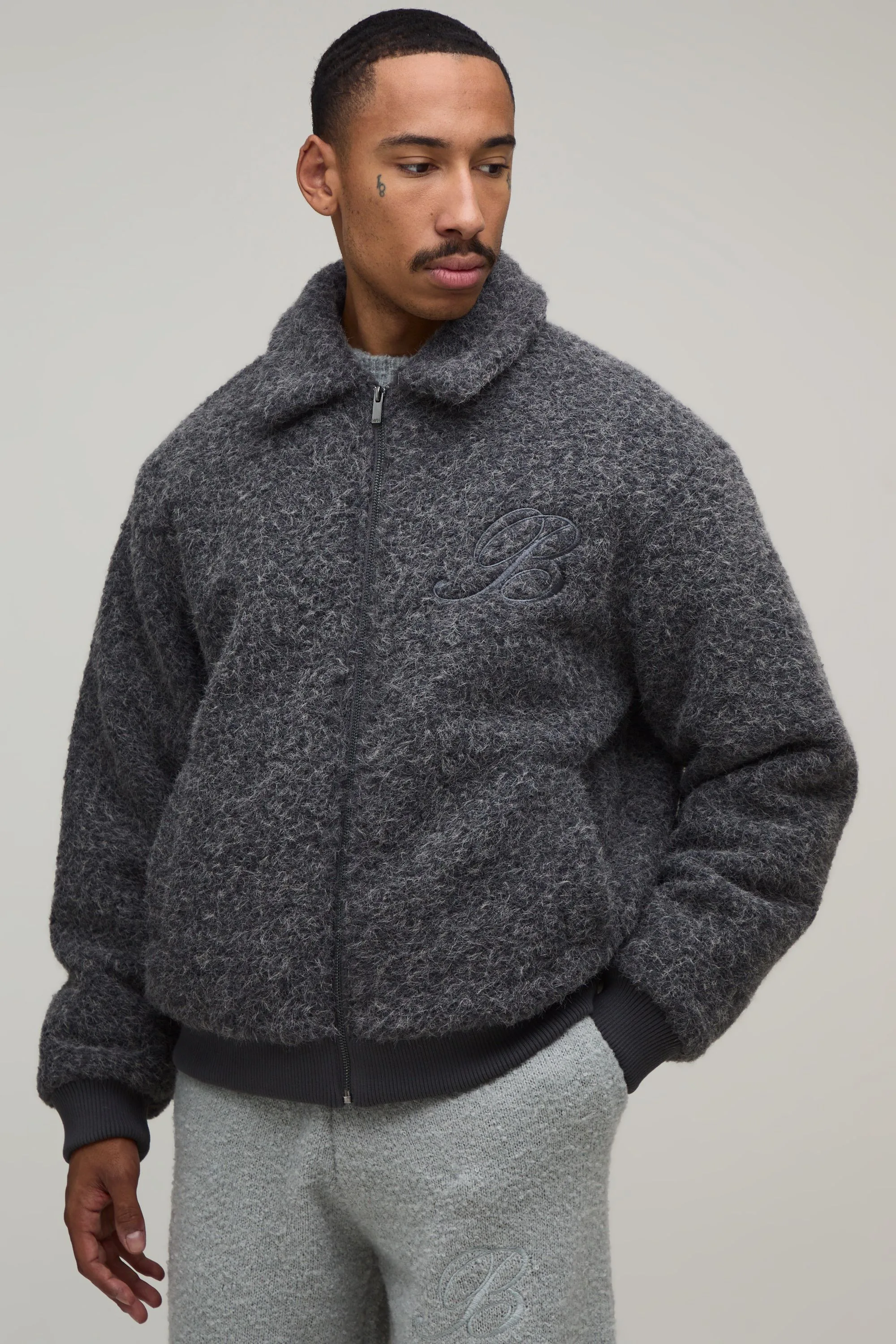 Mens Boxy Fit Boucle Collared Bomber Jacket - Grey - Size Large - boohooMAN - FashionsVida