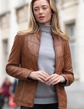 Womens 'Isla' Real Mandarin Collared Jacket - Tan - Size 12 Uk - Ashwood Leather - FashionsVida
